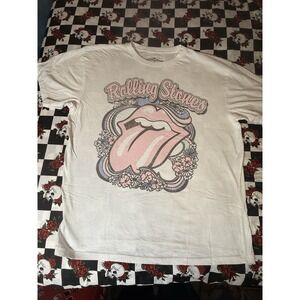 Rolling Stones Tongue Logo Graphic T-Shirt Womens L XL Cream Band Tee